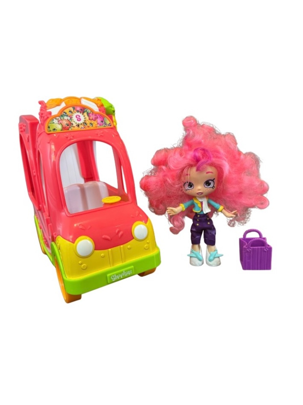 Shopkins Pink Hair Doll with Pink and Yellow Play Van